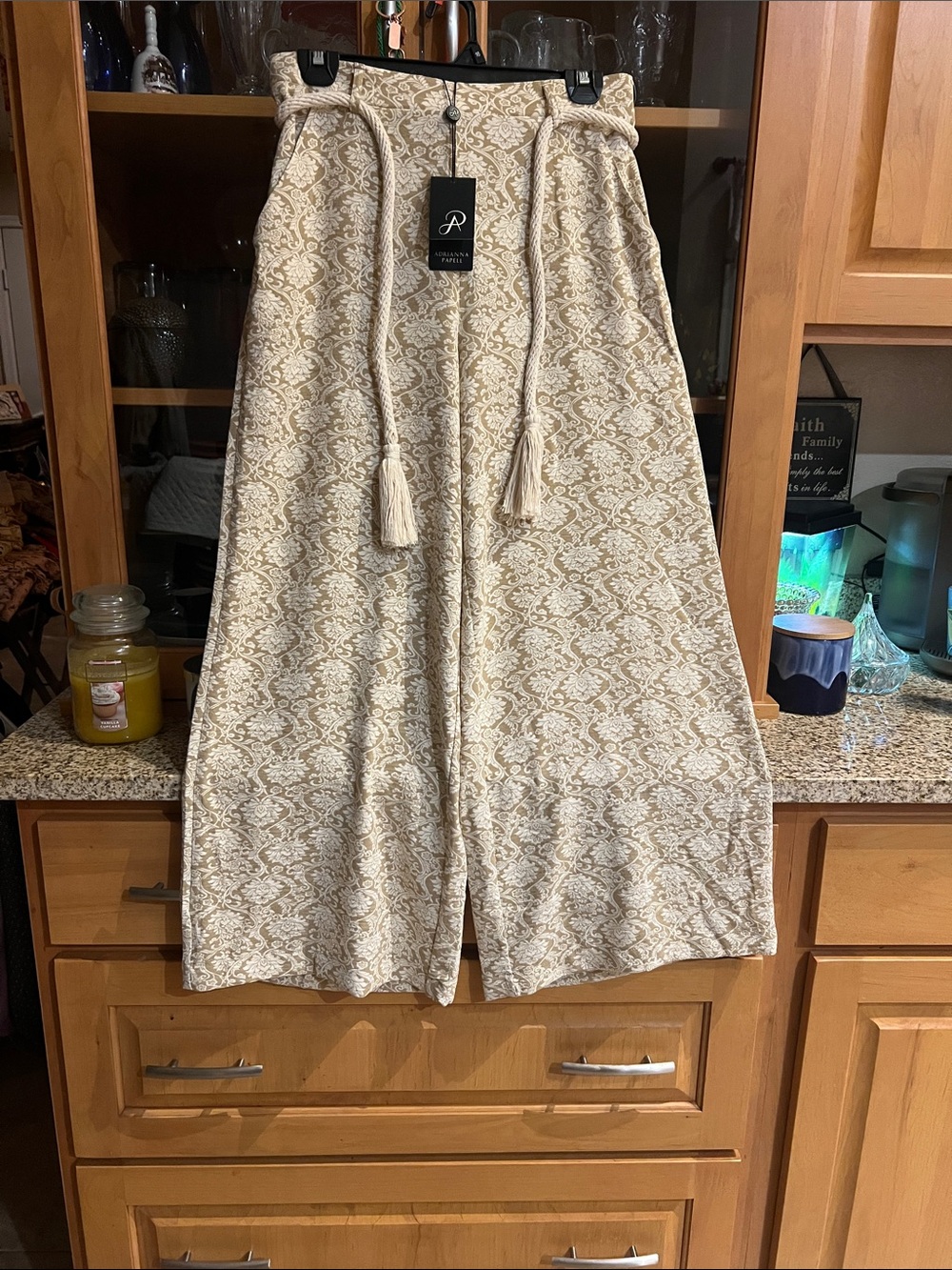 Adrianna Papell Cream Beige Jacquard Pants with Tassel Drawstring